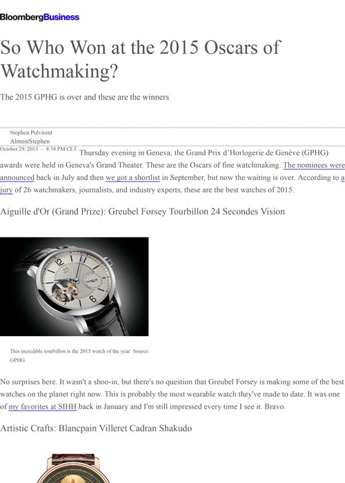 bloomberg - So Who Won at the 2015 Oscars of Watchmaking?